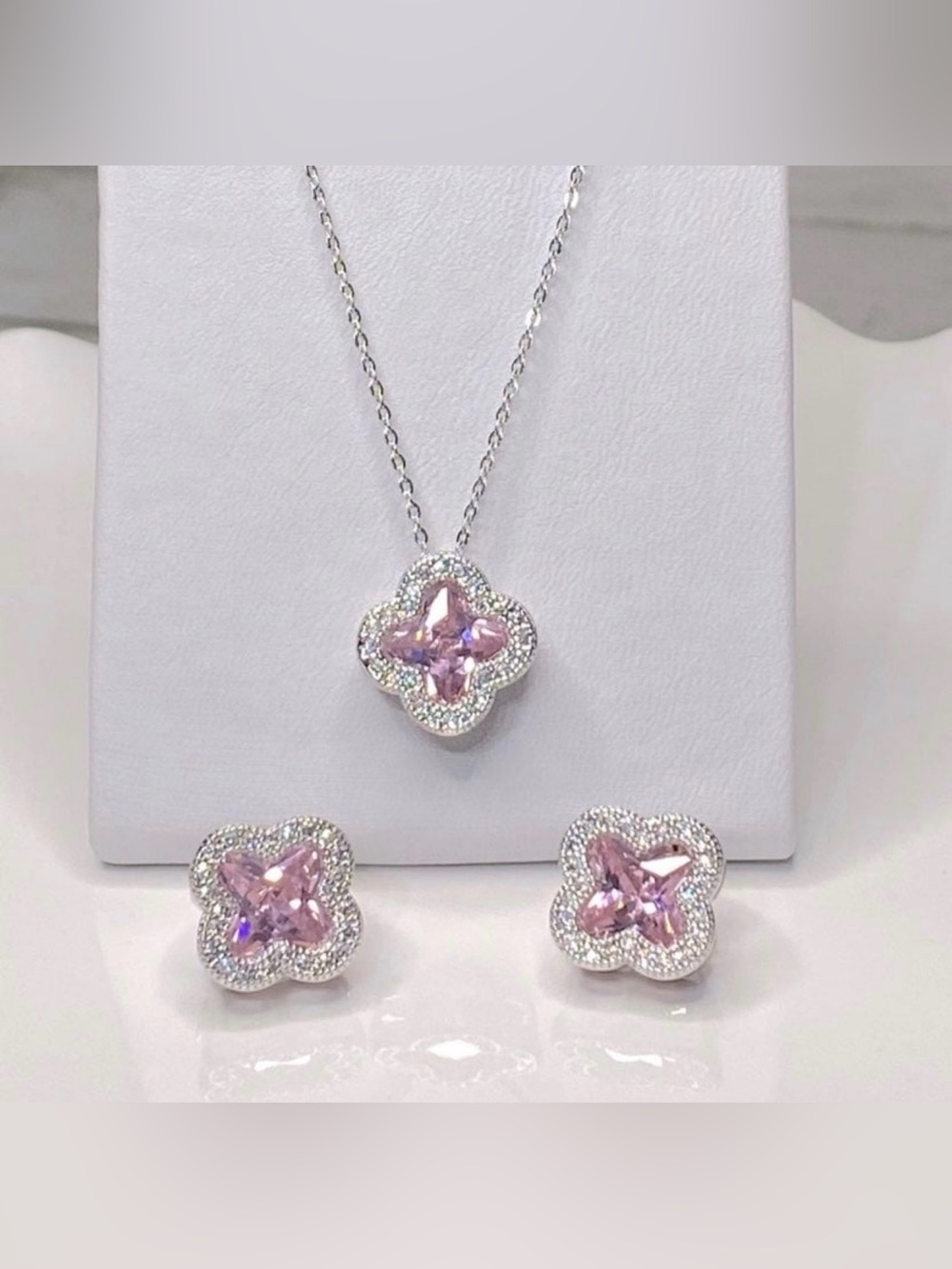 NEW Clover Pink Topaz Silver Necklaces Pendants Earrings Set